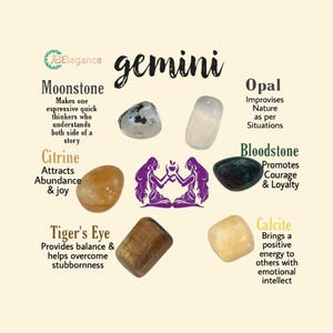 Kit de piedras pulidas con el signo del zodiaco Géminis: piedra lunar arcoíris, ópalo, piedra de sangre, calcita amarilla, ojo de tigre y citrino para regalo.
