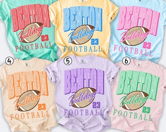 Camiseta de fútbol colorida y personalizada con la mascota de la escuela, nombre personalizado de la escuela, camiseta de cuadros para el día del partido, espíritu escolar, camiseta de fútbol para el día del partido