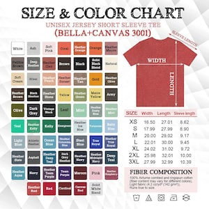 Puede incluir: Una tabla de colores y tallas para una camiseta unisex de manga corta Bella+Canvas 3001. Muestra una cuadr&iacute;cula de muestras de color con nombres, un diagrama de camiseta roja con etiquetas de medidas y una tabla de tallas en cent&iacute;metros.