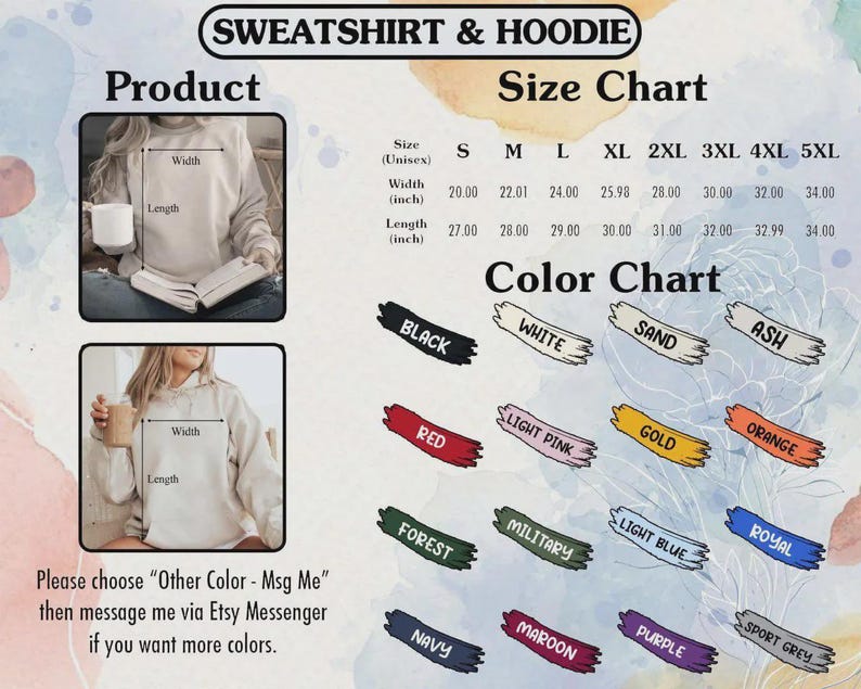 Puede incluir: Una tabla de tallas para sudaderas con y sin capucha que incluye dos im&aacute;genes de una persona con una sudadera clara, una tabla de tallas unisex de S a 5XL con ancho y largo en pulgadas, y una carta de colores con diecis&eacute;is muestras etiquetadas.