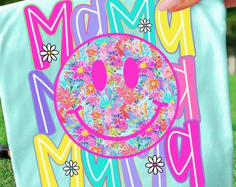 Preppy Mama Floral Smiley Face Coquette Bow Shirt, Bright Ditsy Flowers Mama Shirt, Mother's Day Shirt, Cottagecore Mama Shirt