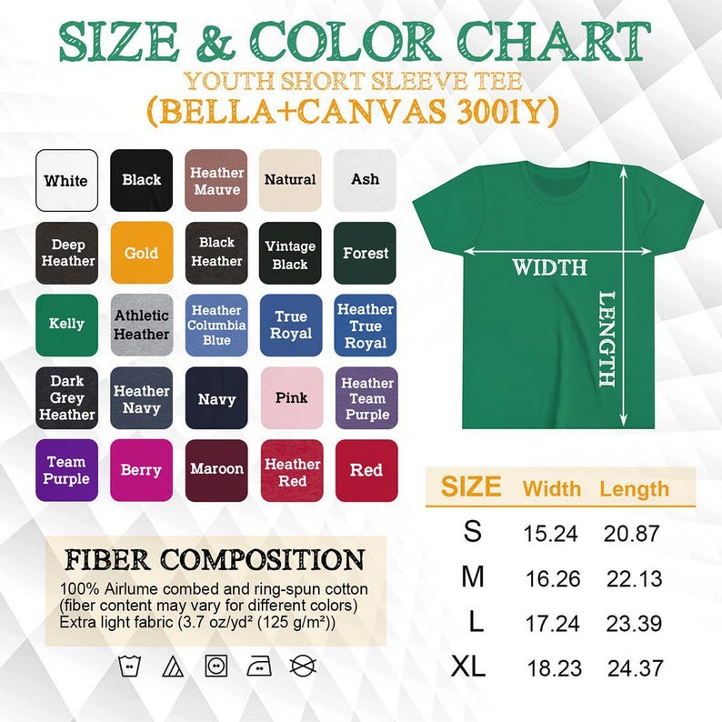 Puede incluir: Una tabla de tallas y colores para camisetas juveniles de manga corta Bella+Canvas 3001Y. Muestra una cuadr&iacute;cula de 25 muestras de color, un gr&aacute;fico de camiseta verde con flechas de ancho y largo, y una tabla de tallas de la S a la XL en cm.