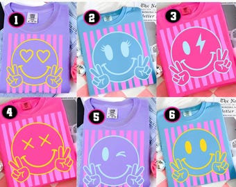 Neon Summer Smiley Face Striped T-Shirt, Sunshine Shirt, Beach Life Shirt, Summer Vibes Tee, Neon Trendy Summer Shirt Distressed Beach