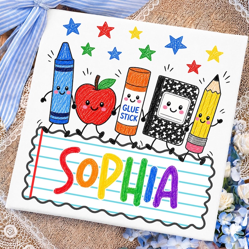 May include: A white rectangular sign featuring a colorful illustration of a blue crayon, a red apple, an orange glue stick, a black and white composition notebook, and a yellow pencil, all with smiling faces. The name SOPHIA is written in rainbow letters on a lined paper graphic below the characters, surrounded by small colored stars.