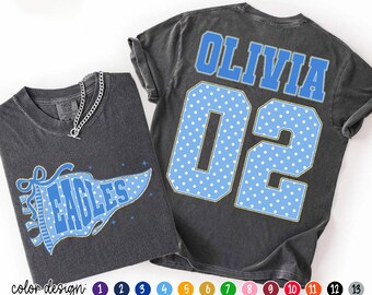 Camiseta personalizada estilo retro con estampado de lunares azules, rayas azules, estilo colegiala, colorida, con encaje, ideal para la temporada de fútbol americano universitario.