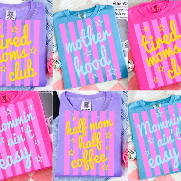 Retro Striped Mama Shirt, Tired Moms Club Shirt, Half Mom Half Coffee Shirt Design, Motherhood Shirt, Neon Distressed Mama Shirt
