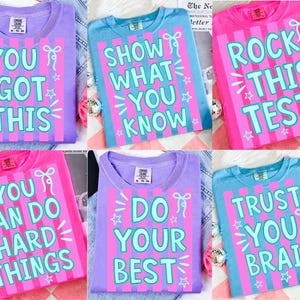 May include: Six colorful t-shirts with motivational phrases in a bold, playful font. The shirts are in shades of purple, blue, and pink, with text in contrasting colors. Phrases include "You Got This" and "Rock This Test."