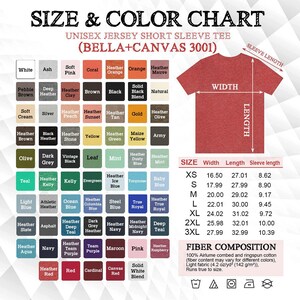 May include: A color and size chart for a Bella+Canvas 3001 unisex jersey short sleeve tee. It displays a grid of color swatches with names, a red t-shirt diagram with width, length, and sleeve length labels, and a table of measurements in inches.