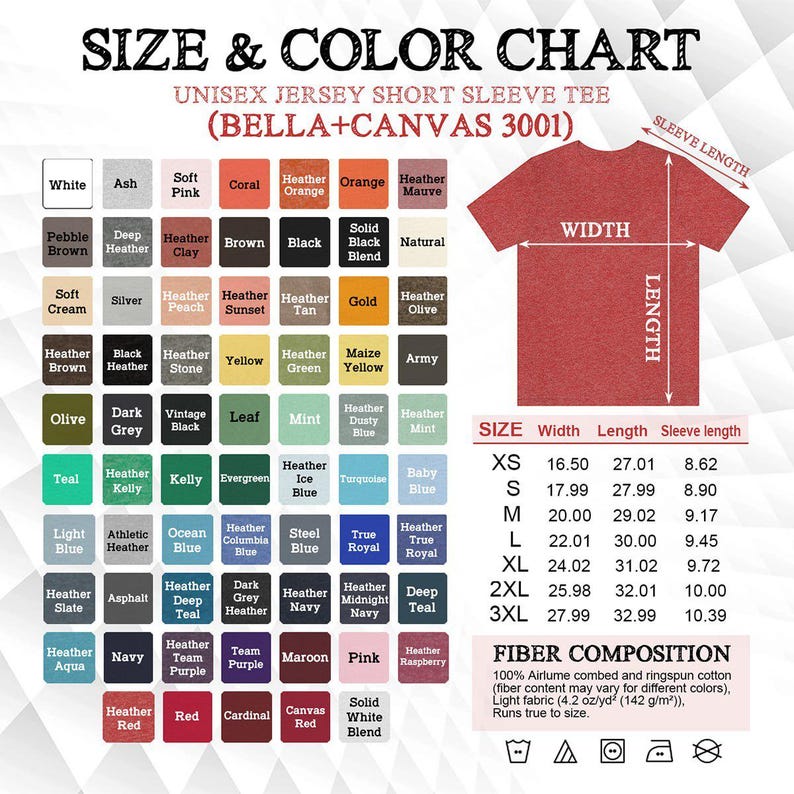 May include: A color and size chart for a Bella+Canvas 3001 unisex jersey short sleeve tee. It displays a grid of color swatches with names, a red t-shirt diagram with width, length, and sleeve length labels, and a table of measurements in inches.