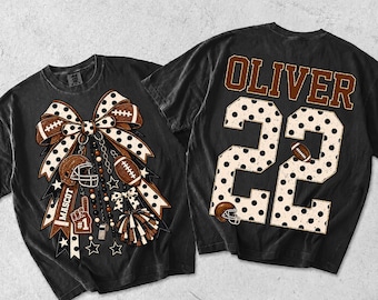 Camiseta de fútbol personalizada con lunares y lazo coqueto, nombre y número personalizados, camiseta de espíritu universitario de fútbol, ​​camiseta de animadora de fútbol, ​​camiseta para el día del partido