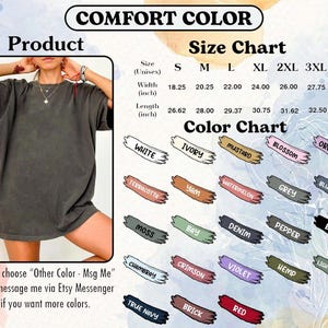 May include: A charcoal grey unisex t-shirt shown in a product photo alongside a size chart with measurements in inches and a color chart displaying twenty color options including white, ivory, mustard, blossom, orchid, terracotta, yam, watermelon, grey, blue jean, moss, bay, denim, pepper, black, chambray, crimson, violet, hemp, light green, true navy, brick, and red.