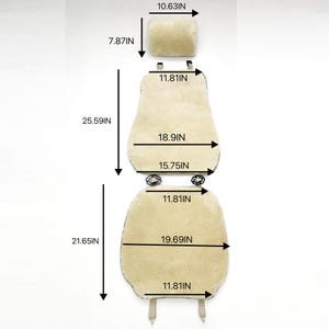 May include: A beige car seat cover set, including a headrest cover (10.63 inches long, 7.87 inches wide), a backrest cover (25.59 inches long, 18.9 inches wide), and a seat cover (21.65 inches long, 19.69 inches wide).