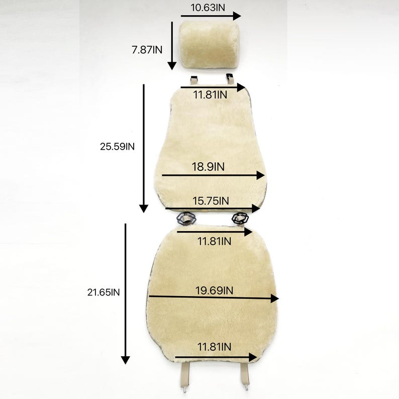 May include: A beige car seat cover set, including a headrest cover (10.63 inches long, 7.87 inches wide), a backrest cover (25.59 inches long, 18.9 inches wide), and a seat cover (21.65 inches long, 19.69 inches wide).