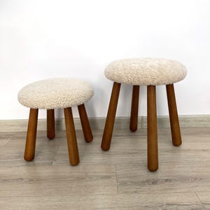 Beautiful Sheepskin Stool with American Red Oak Legs, Merino Sheepskin Wooden Chair Seat 36cm 46cm – Cozy & Elegant Home Decor - beige color
