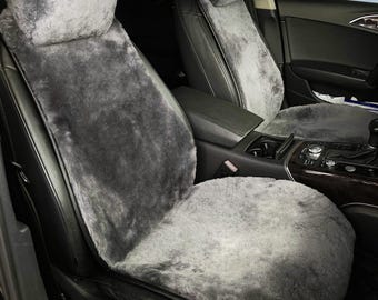 Genuine Sheepskin 100% Car Seat Cover for All Car Brands, Short Wool Car Seat Covers with Anti-Slip Back, Neck Pillow & Seat Cushion - Grey