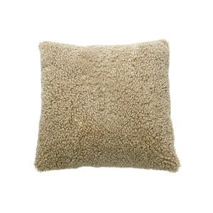 May include: A soft, beige, fluffy pillow with a square shape.