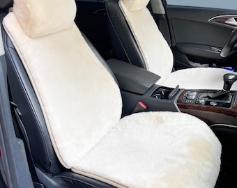 Funda de asiento de coche 100% piel de oveja auténtica para todas las marcas de coches, fundas de lana corta con respaldo antideslizante, almohada cervical y cojín de asiento - Beige