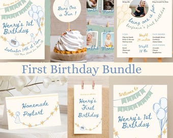 One is Fun - Pacchetto per il primo compleanno con stelle blu, salvia e gialle, download digitale