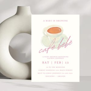 Cafe Bebe Baby Shower Invite, Baby is Brewing, Coffee Baby Shower Invitation, Bonjour Bébé, Girl Baby Shower Baby Sprinkle, Pink