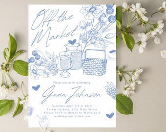 May include: A blue and white wedding invitation with a floral design and the text "Off the Market" and "Gwen Johnson". The invitation includes the date, time, and location of the wedding, as well as the RSVP information.