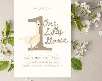 Silly Goose 1st Birthday Brown Invitation: Illustrated Printable (Digital Download)