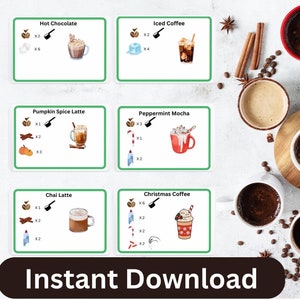 Tarjetas visuales con recetas de café y bebidas para el contenedor sensorial, descarga digital instantánea, actividad de conteo para niños pequeños, educación temprana, escuela en el hogar