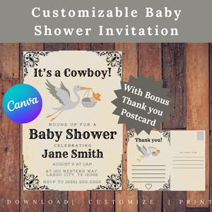 Modelo de convite para chá de bebê de cowboy + conjunto de cartões postais de agradecimento para impressão | Pacote de chá de bebê para meninos com tema country western | Download digital