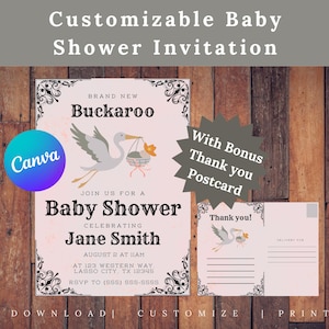 Modelo de convite para chá de bebê cowgirl + conjunto de cartões postais de agradecimento para impressão | Pacote de chá de bebê country western para meninas | Download digital