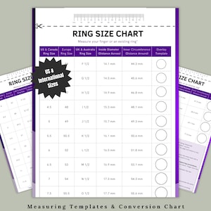Puede incluir: Una tabla de tallas de anillos con un gráfico de estrella púrpura que dice "US & International Sizes". La tabla muestra las tallas de anillos de EE. UU., las tallas de anillos de Europa, las tallas de anillos del Reino Unido y Australia, el diámetro interior en milímetros, la circunferencia interior en milímetros y una plantilla de superposición.