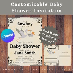 Modelo de convite para chá de bebê de cowboy + conjunto de cartões postais de agradecimento para impressão | Pacote de chá de bebê para meninos com tema country western | Download digital