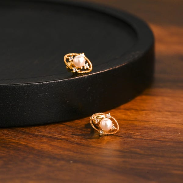 Natural Pearl Celestial Glow Studs, Gold-Plated Pearl Stud Earrings, Vintage Wedding Earrings