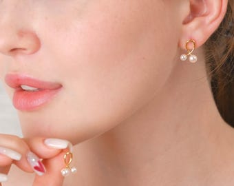 Natürliche Süßwasser Doppel Perle Ohrstecker, Gold / Silber Perle Ohrringe, Brautjungfer Schmuck, Hochzeitsgeschenk