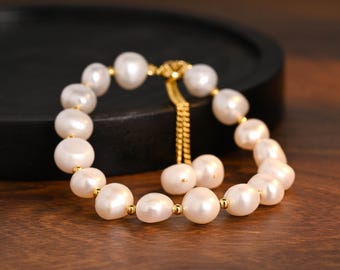 Vintage Freshwater Pearl Bracelet, Pearl Adjustable Slide Clasp Bracelet, Wedding Gold Beaded Bracelet for Bride
