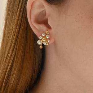 Freshwater Pearl & Zircon Cluster Studs, CZ Diamond Earrings, Gold-Plated Vintage Jewelry for Women
