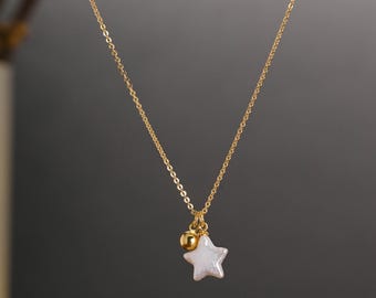 Pearl Star Pendant Choker, Dainty Natural Pearl & Gold Bead Necklace, Gold Star Necklace, Wedding Jewelry, Bridal Jewelry for Her