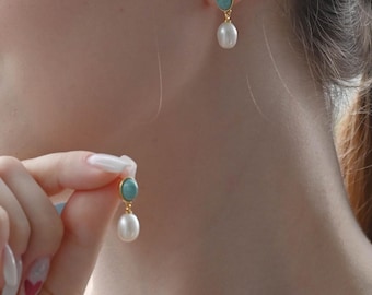 Pendientes colgantes vintage de turquesa y perlas en forma de lágrima, pendientes colgantes de flores en oro/plata, joyería de turquesa para mujer.