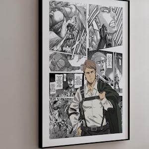 May include: A framed black and white manga art print featuring panels from a Japanese comic. The artwork depicts action scenes with characters in various poses, including a central figure in a white shirt and black pants.