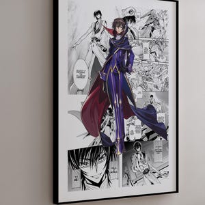Op de afbeelding: Een ingelijste anime-kunstprint met een personage in een paarse en rode mantel, tegen een achtergrond van mangapanelen. Het kunstwerk is overwegend zwart-wit, met de kleding van het personage als enige kleuraccenten.