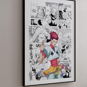 Puede incluir: Un p&oacute;ster enmarcado de arte manga con un personaje de pelo rojo y un atuendo turquesa y rojo. La obra de arte es en blanco y negro, con bocadillos y l&iacute;neas de acci&oacute;n. El p&oacute;ster se muestra en una pared gris claro.