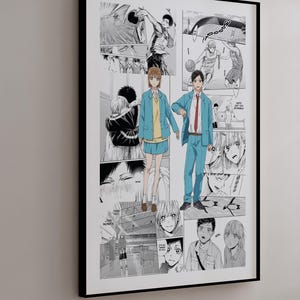 May include: A framed black and white manga art print. The artwork features panels of manga illustrations, including figures in casual attire and action scenes. The print is displayed on a neutral-coloured wall.