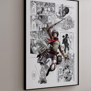 May include: A framed manga art print in black and white, depicting a female character in a dynamic pose. The print features detailed panels with action scenes, ideal for fans of anime and manga, and is presented in a black frame.