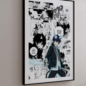 May include: A framed manga art print with black and white panels depicting action scenes and characters. The artwork includes a character with blue flames and another with black hair. The frame is black and displayed on a light grey wall.
