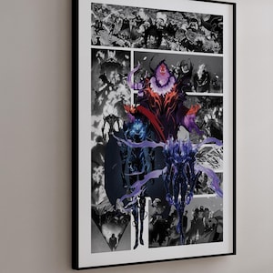 Peut inclure: Une affiche encadrée présentant un collage d'images en noir, blanc et nuances de violet et de rouge. L'œuvre d'art est de style bande dessinée avec diverses figures et scènes. Le cadre est noir et l'affiche est accrochée à un mur gris clair.