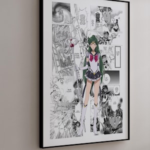 以下が含まれることがあります： マンガ風イラストが特徴のフレーム入りプリント。緑色の髪のセーラー服を着たキャラクターが、白黒のコミックパネルを背景に描かれています。フレームは黒色です。