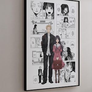 Peut inclure: Impression d'art manga encadrée. La bande dessinée en noir et blanc présente un couple au centre. L'homme porte une veste et un pantalon noirs, et la femme porte une robe rose et un porte-documents.