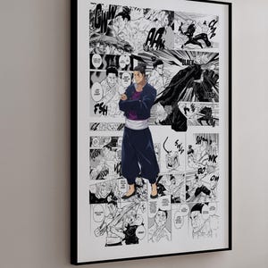 Könnte beinhalten: Ein gerahmter Manga-Kunstdruck in Schwarzweiß. Das Kunstwerk zeigt eine zentrale Figur in dunkler Kleidung mit verschränkten Armen, vor einem Hintergrund aus Comic-Panels. Der Druck wird an einer hellgrauen Wand gezeigt.