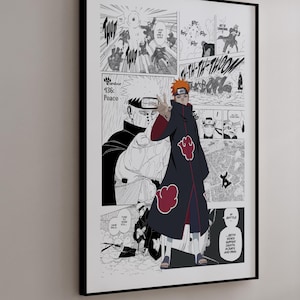Pode incluir: Impressão de arte manga a preto e branco emoldurada. A obra apresenta uma personagem com uma capa preta com desenhos de nuvens vermelhas, juntamente com painéis de ação e texto. A personagem tem cabelo laranja e faz um gesto com a mão.