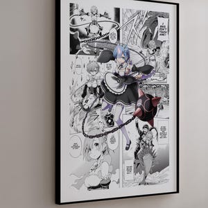 Op de afbeelding: Een ingelijste manga-kunstprint met zwart-wit illustraties van anime-personages. Het kunstwerk bevat gedetailleerde panelen met figuren in actieposities, tekstballonnen en dynamische composities. De print wordt weergegeven op een neutraal gekleurde muur.