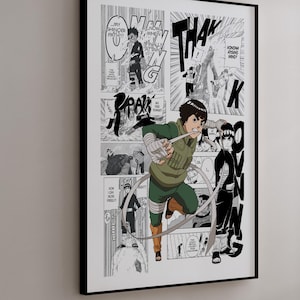 Op de afbeelding: Zwart ingelijste print met een manga-stijl illustratie in zwart-wit. Het kunstwerk toont een personage in een groen en bruin outfit in actie, met tekstballonnen en geluidseffecten. Het woord "THANK" is zichtbaar.