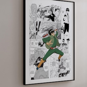 Puede incluir: Ilustraci&oacute;n de estilo manga en blanco y negro de un personaje con un atuendo verde y negro que sostiene un arma. El personaje est&aacute; saltando y el fondo est&aacute; lleno de paneles de manga.